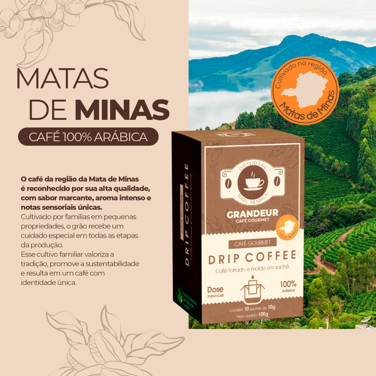 Cafe em sache Drip Coffee Grandeur Torra Escura100% Arabica Moagem fina Notas Sensorias Amadeiradas Matas de Minas