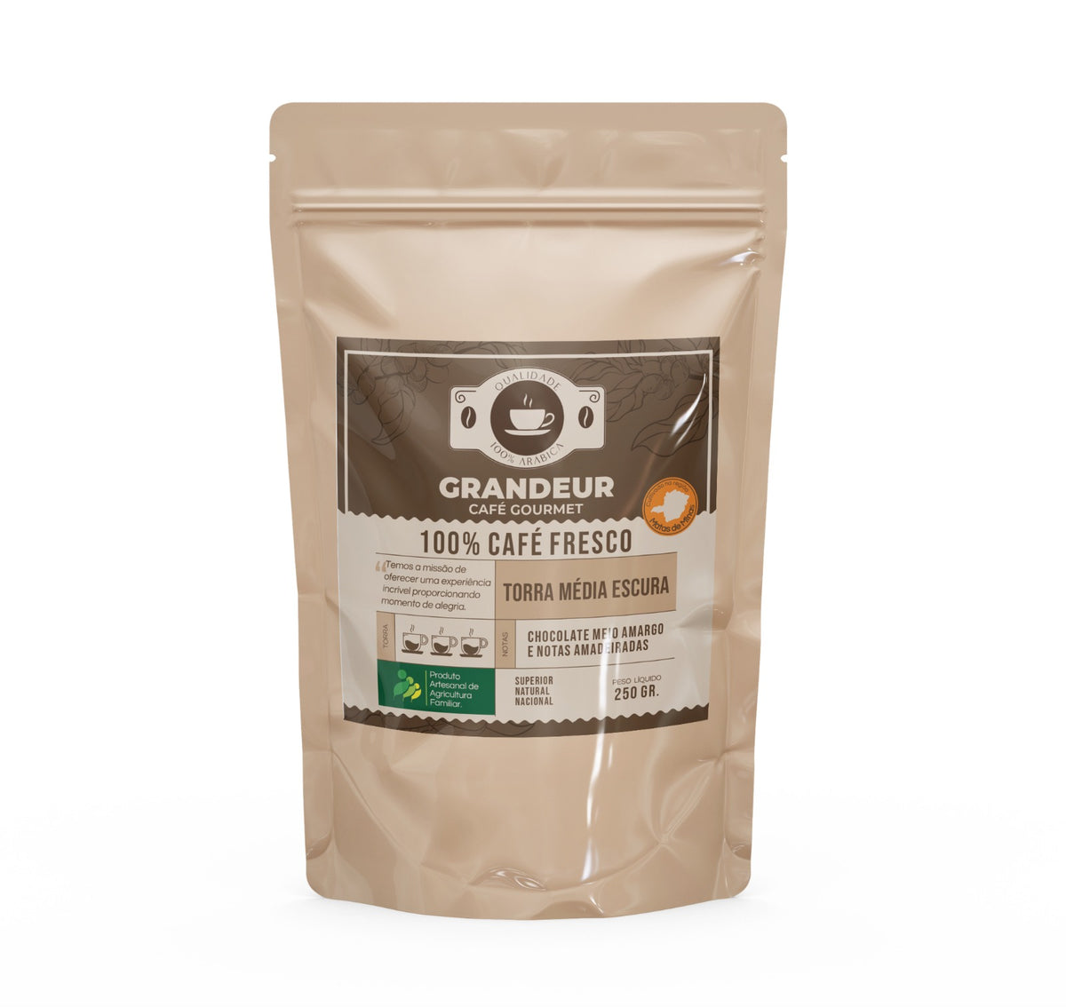 Grandeur Café Gourmet Torra Média Escura 100% Arábica 250g Região Matas de Minas Notas Sensoriais Chocolate Meio Amargo