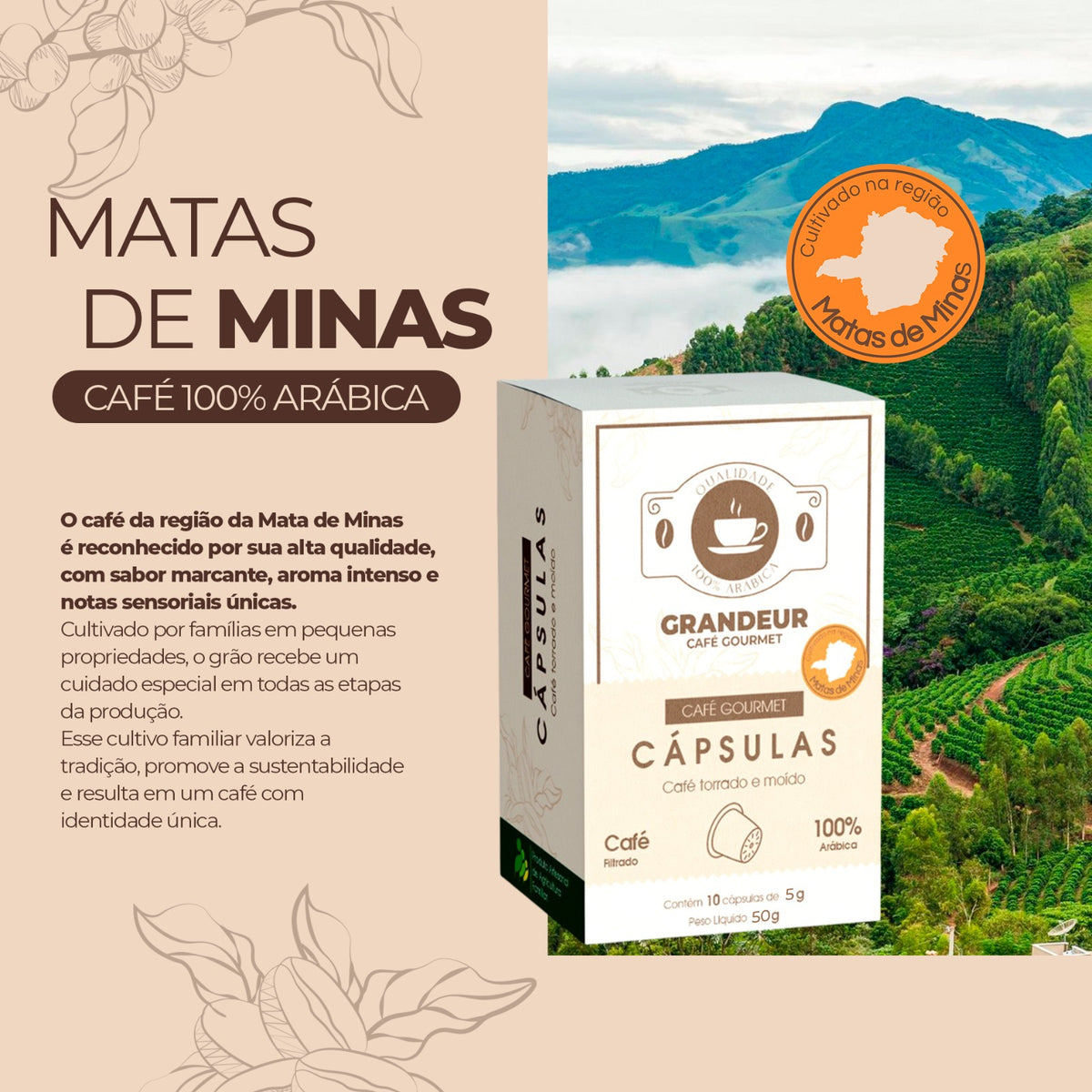 Grandeur Cafe Gourmet Capsulas Compativeis com Nespresso 100% Arabica Torra Escura Matas de Minas, 10 Cápsulas 50g