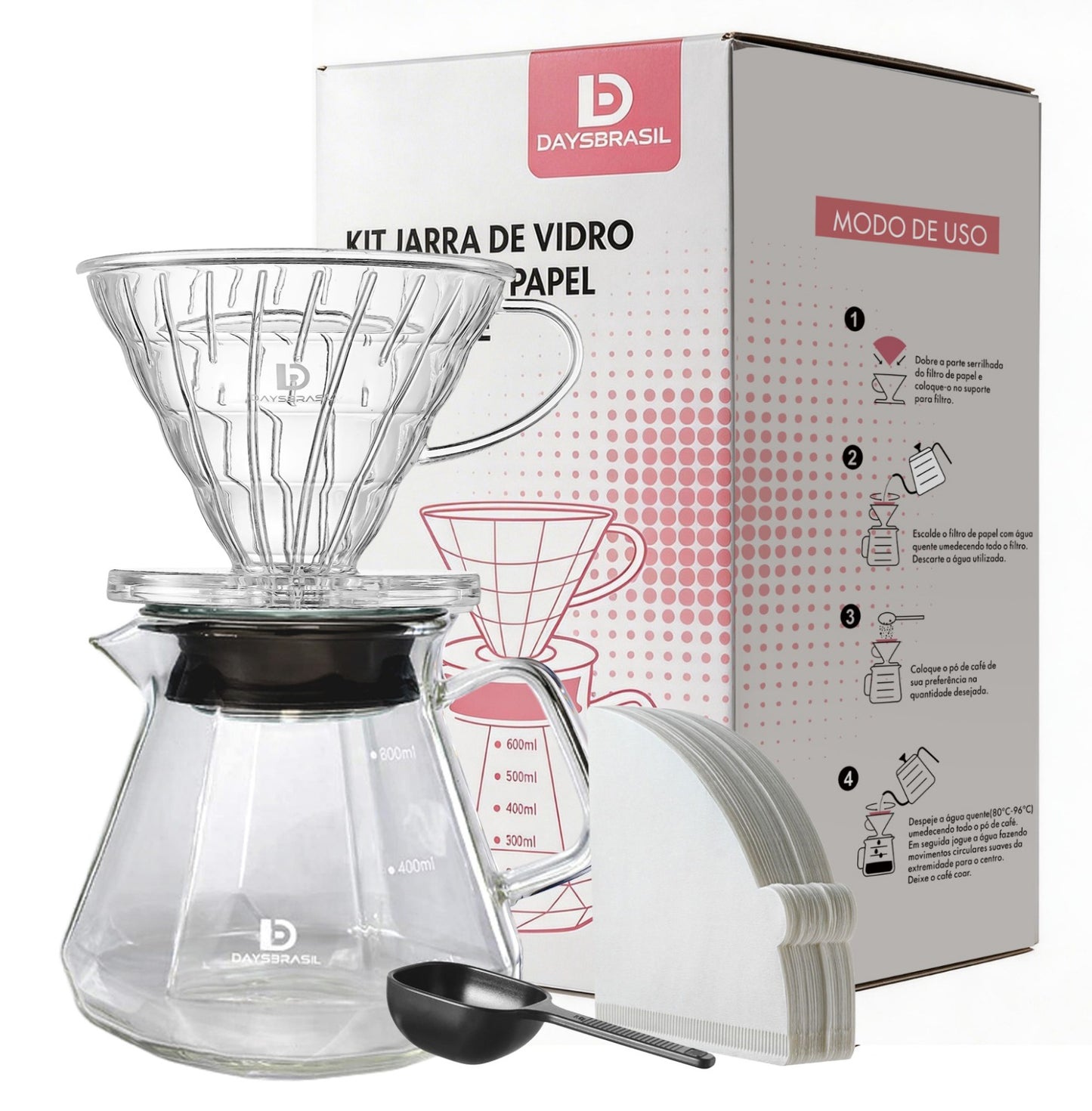 Kit com jarra de vidro forma Diamante 600 ml, suporte e Filtro compatível com V60 tamanho 02 DaysBrasil