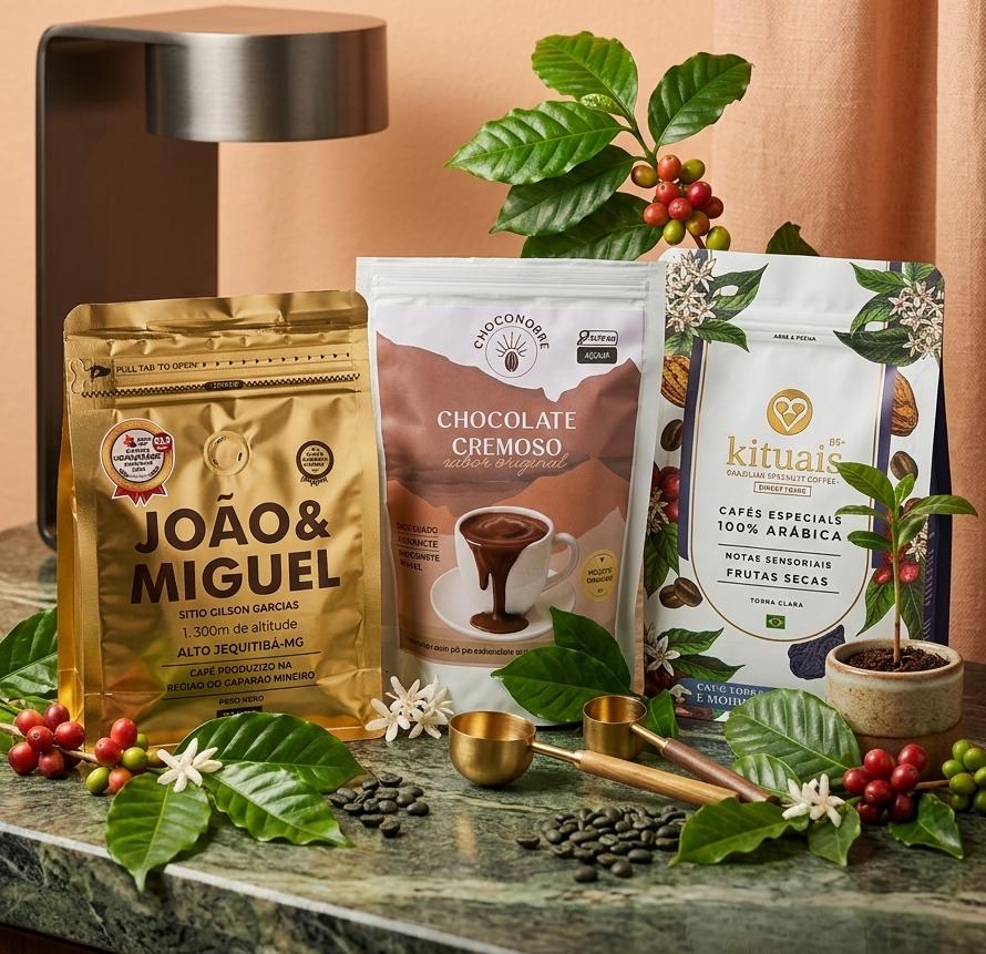 Kit de cafés especiais 1 Café João e Miguel 250g, 1 Café Rituais 250g e Choconobre 200g Sítio Gilson Garcia