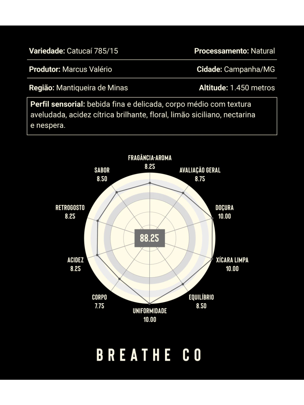 Café Especial Microlote Catucaí 785 15 Breathe Co Floral 88 pontos Sítio Serra da Campanha 250gr