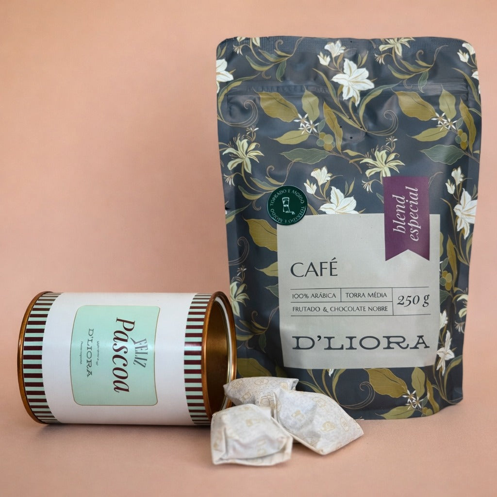 Kit Ritual 1 café moído 250g, 1 lata chocolate 80g e 1 caixa para cafés D'Liora Cafés