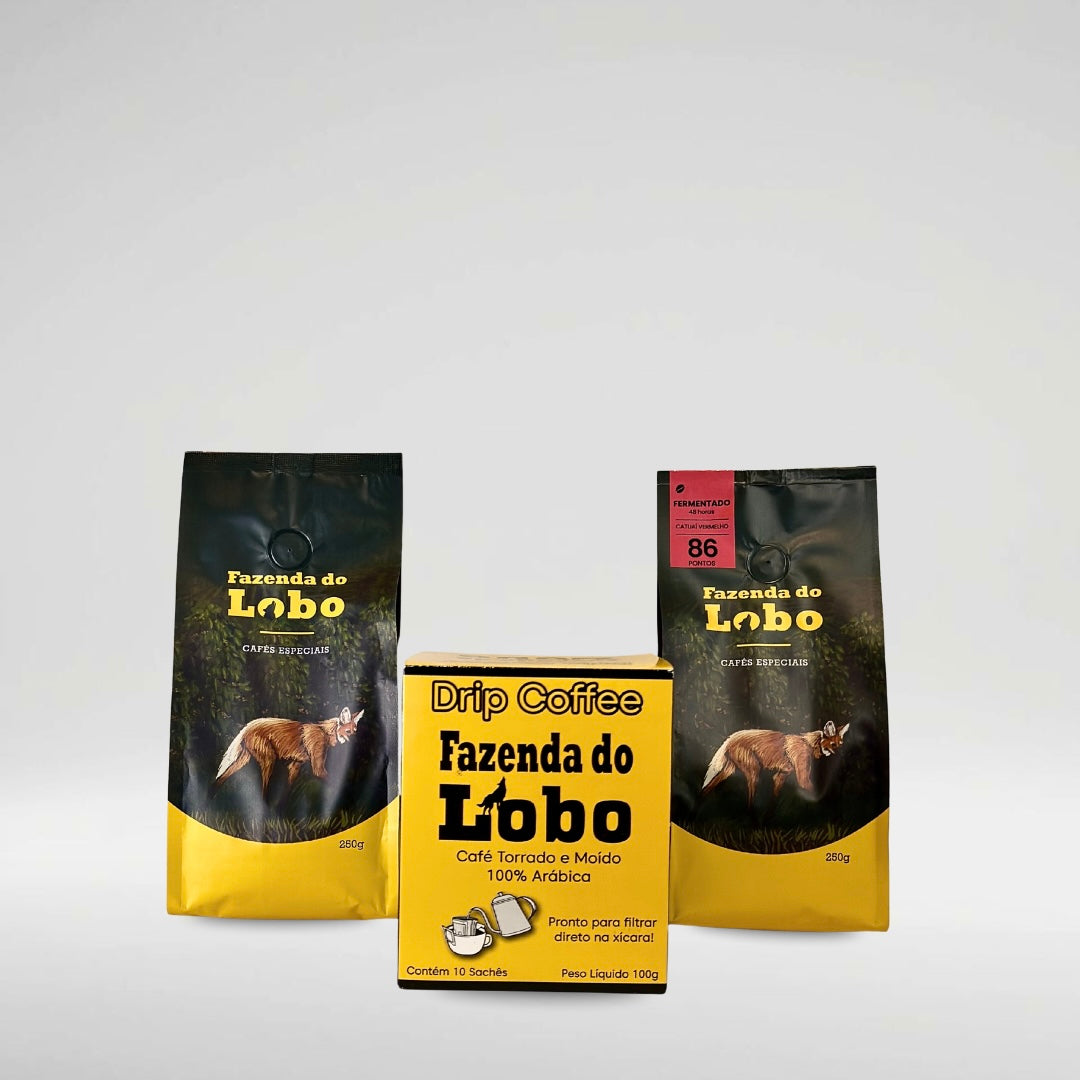 Kit Lobinho - Café Especial 250g 2 Un + Drip Coffee 100% Arábica Fazenda do Lobo