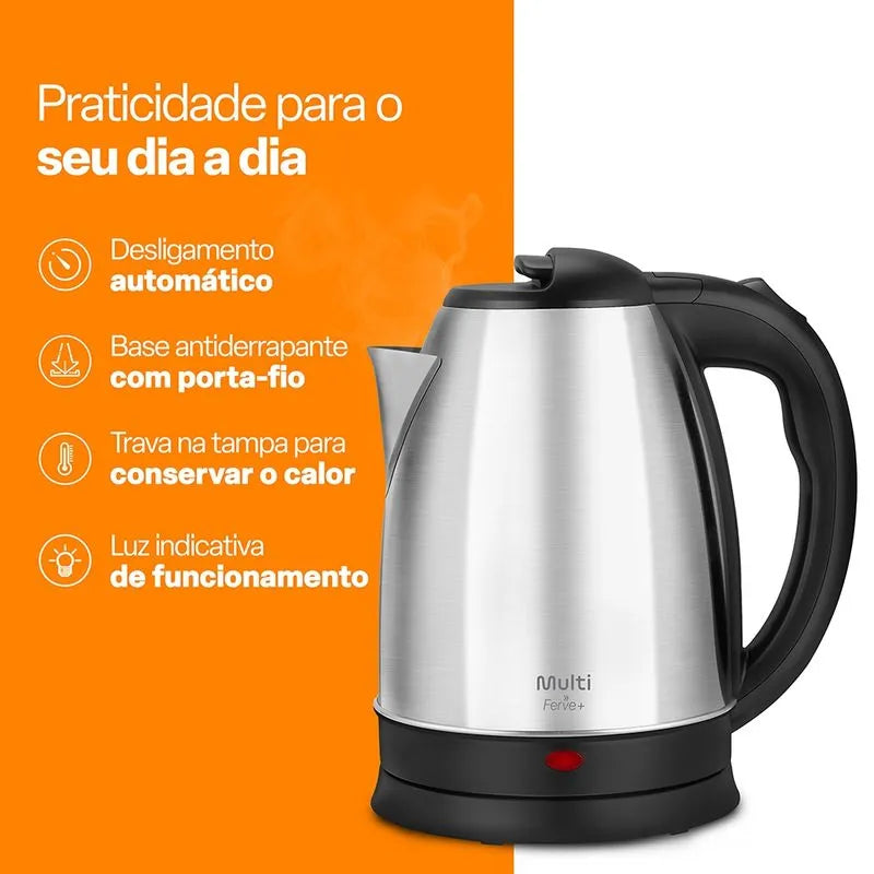Chaleira Elétrica Inox 1,8L com Base Antiderrapante e Led 127V 1000W Prata Multi - GO400