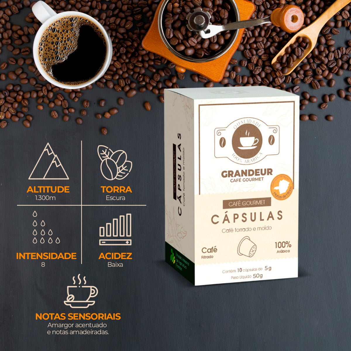 Grandeur Cafe Gourmet Capsulas Compativeis com Nespresso 100% Arabica Torra Escura Matas de Minas, 10 Cápsulas 50g