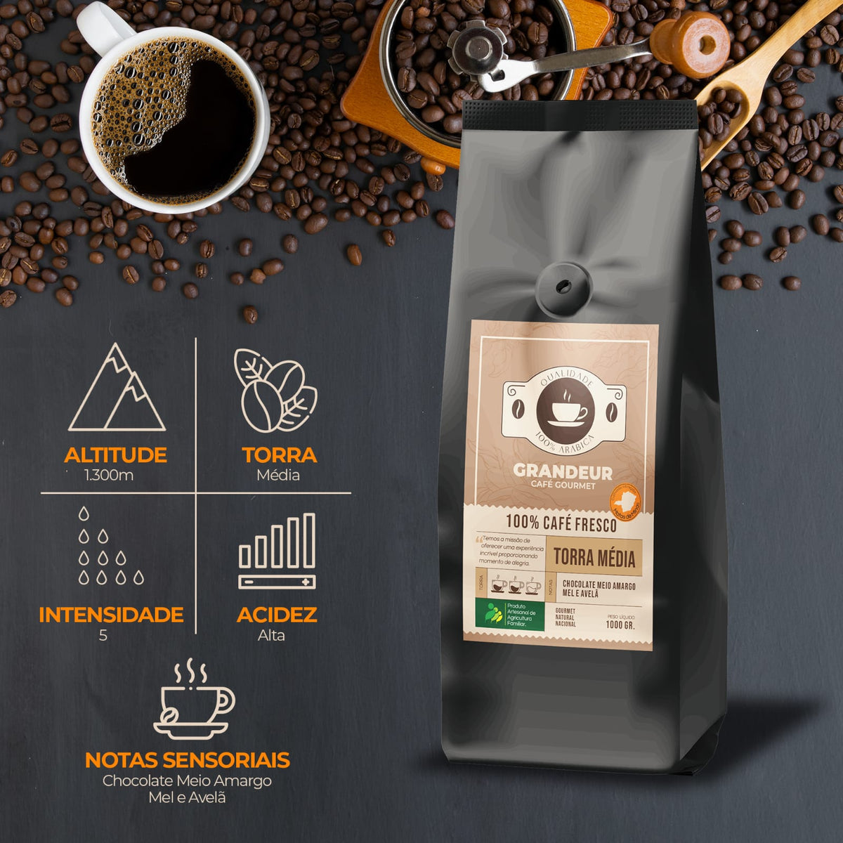 Grandeur Cafe Gourmet 100% Arabica Torra Media Matas de Minas 1kg Notas de Chocolate Mel Avela Agricultura familiar