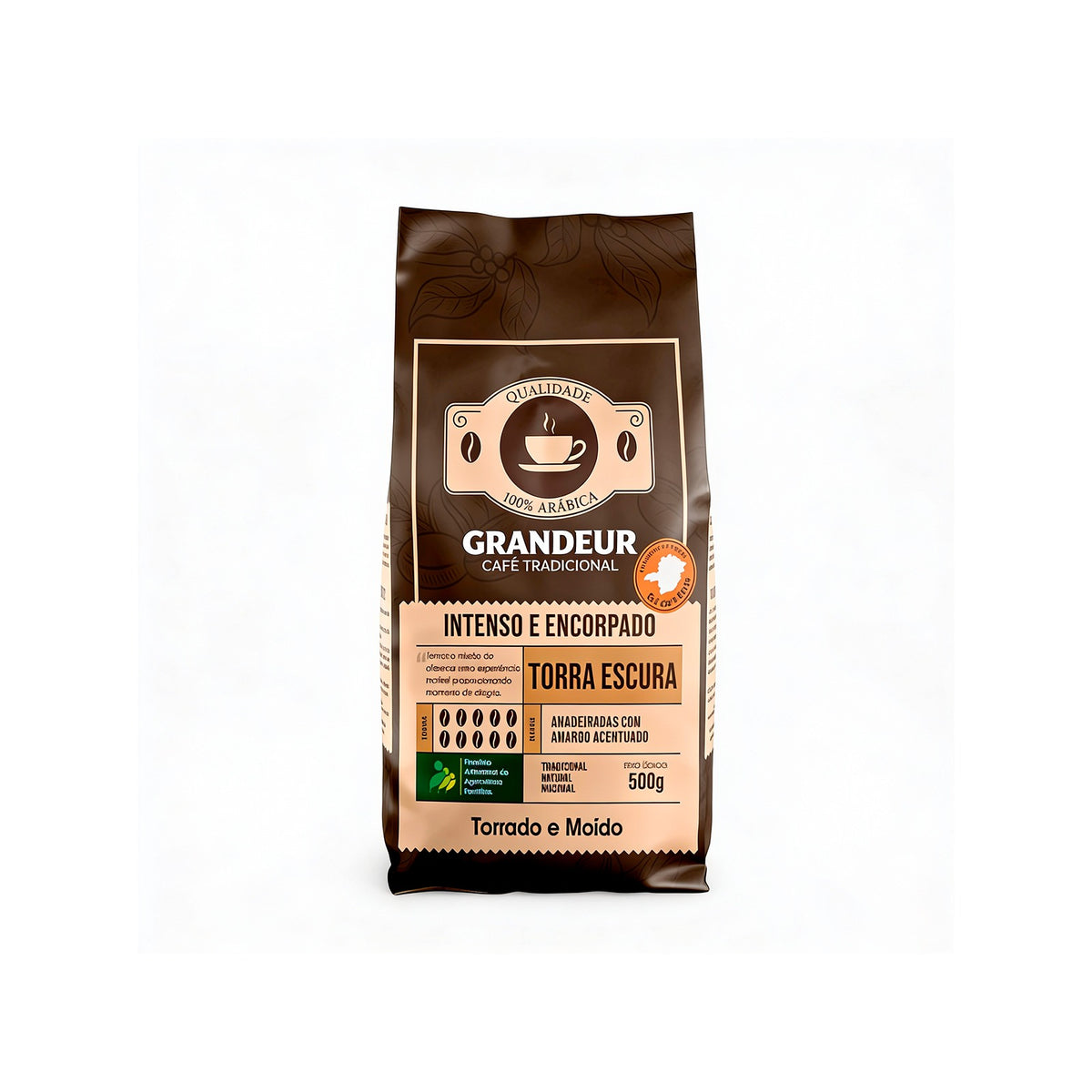 Café Tradicional Torra Escura 100% Arabica 500g Notas Sensoriais Amadeiradas Torrado e Moído Granulometria Fina Grandeur