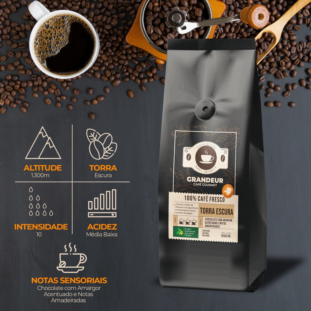 Grandeur Café Gourmet Torra Escura 100%Arábica 1kg Notas Chocolate Amargo Amareirado Matas de Minas Agricultura familiar