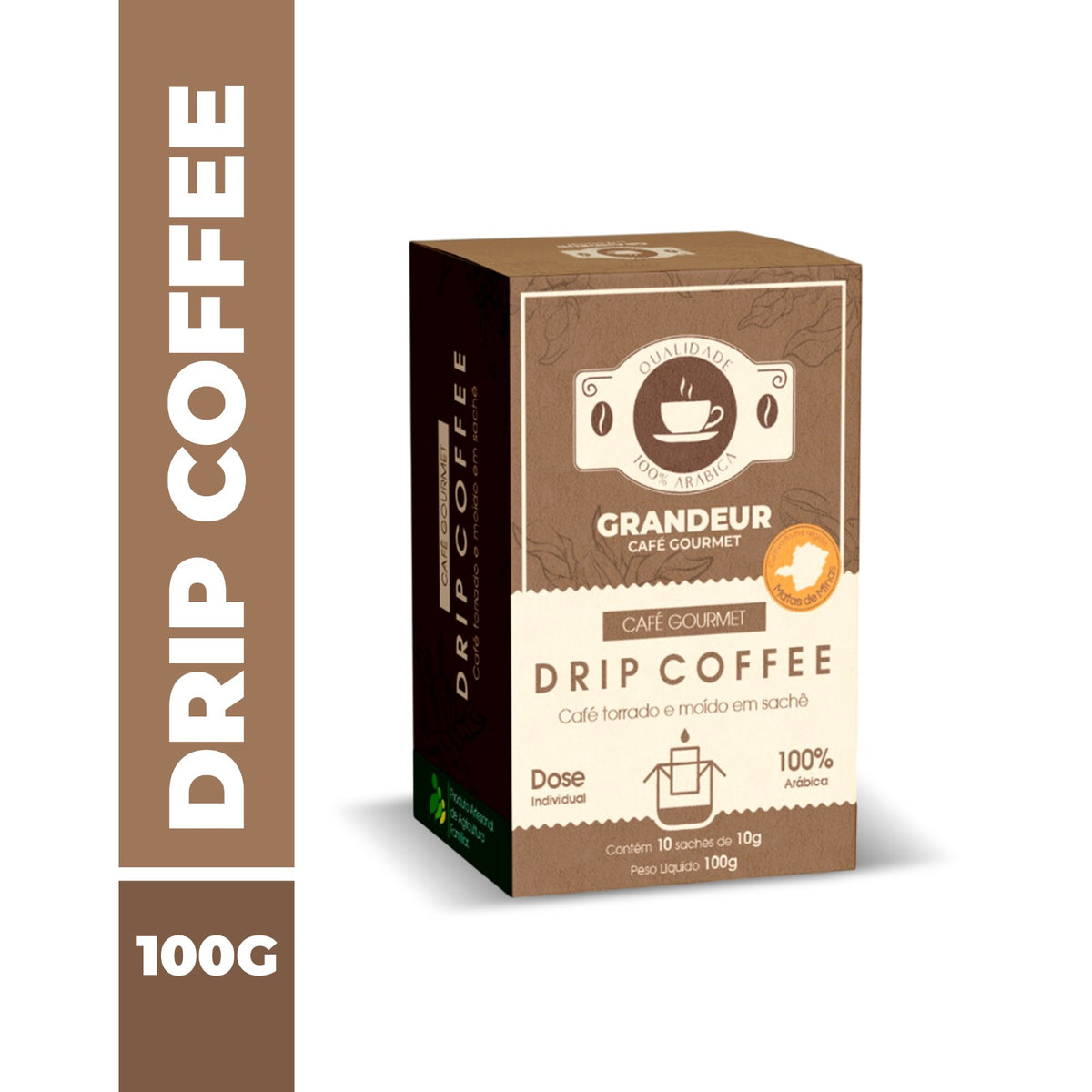 Cafe em sache Drip Coffee Grandeur Torra Escura100% Arabica Moagem fina Notas Sensorias Amadeiradas Matas de Minas
