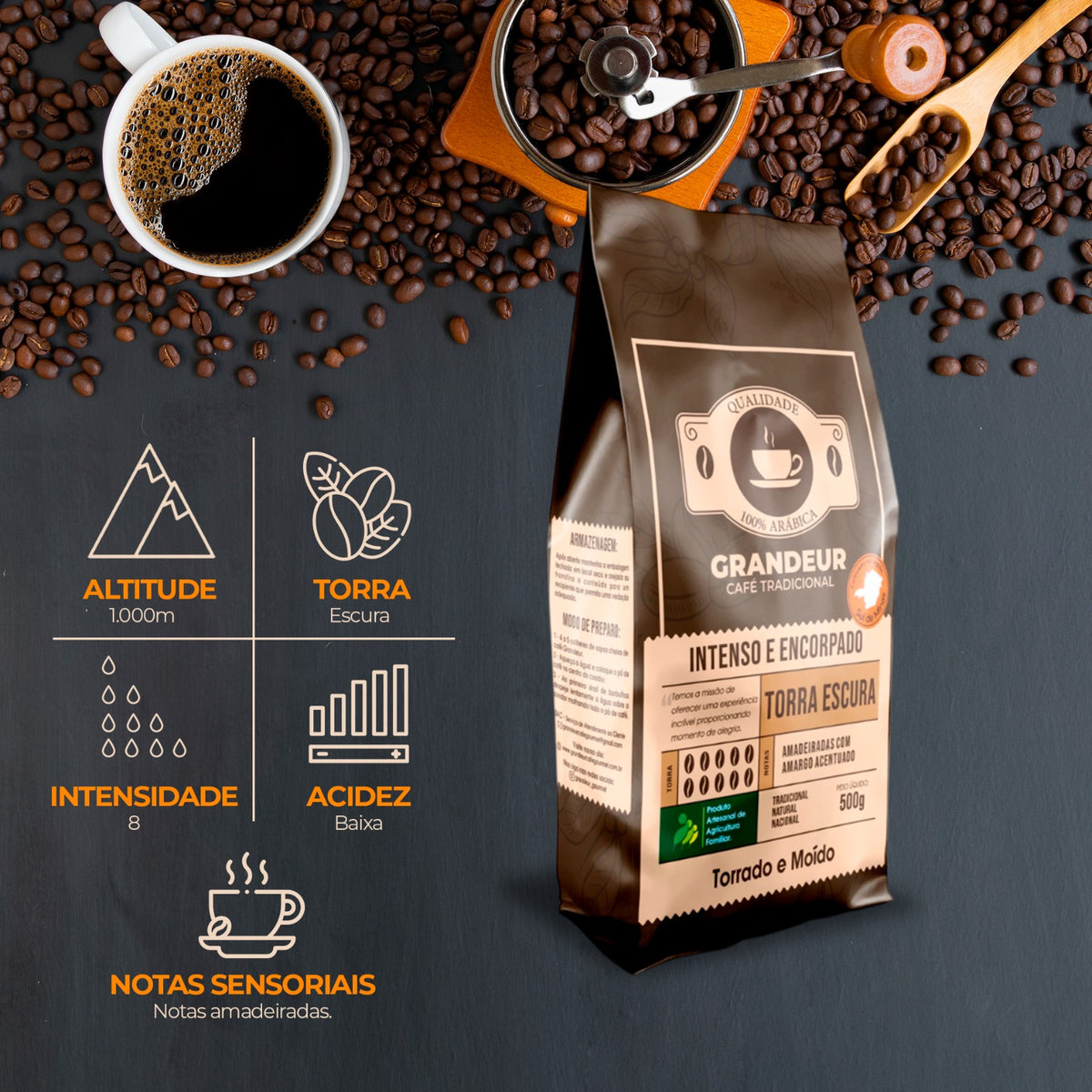 Café Tradicional Torra Escura 100% Arabica 500g Notas Sensoriais Amadeiradas Torrado e Moído Granulometria Fina Grandeur