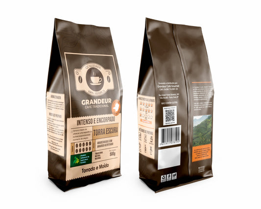 Café Tradicional Torra Escura 100% Arabica 500g Notas Sensoriais Amadeiradas Torrado e Moído Granulometria Fina Grandeur