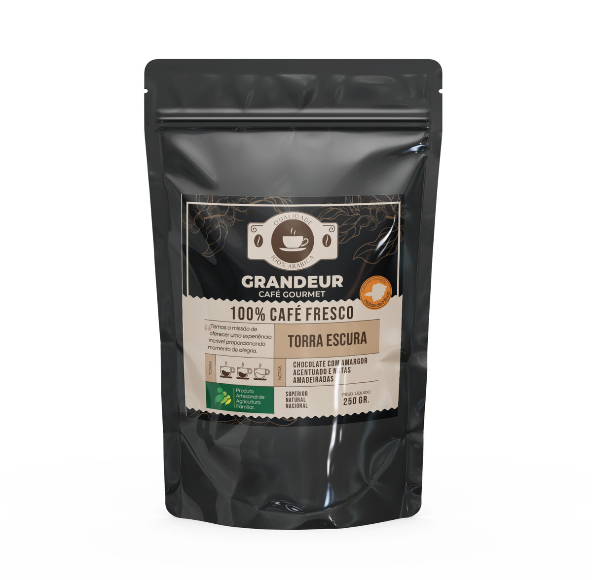 Grandeur Café Gourmet Torra Escura100% Arábica 250g Notas Sensoriais de Chocolate Amargo Amadeiradas Matas de Minas