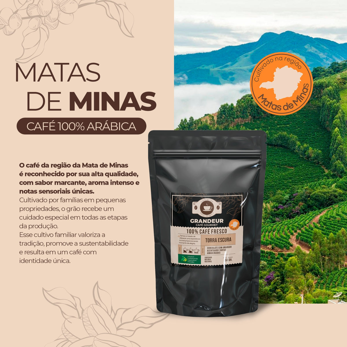 Grandeur Café Gourmet Torra Escura100% Arábica 250g Notas Sensoriais de Chocolate Amargo Amadeiradas Matas de Minas