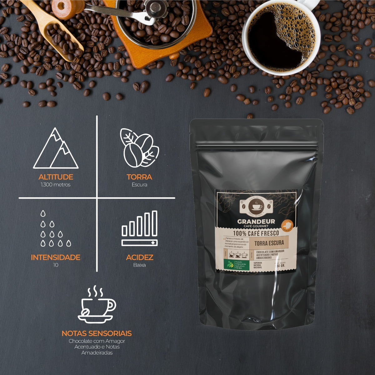 Grandeur Café Gourmet Torra Escura100% Arábica 250g Notas Sensoriais de Chocolate Amargo Amadeiradas Matas de Minas