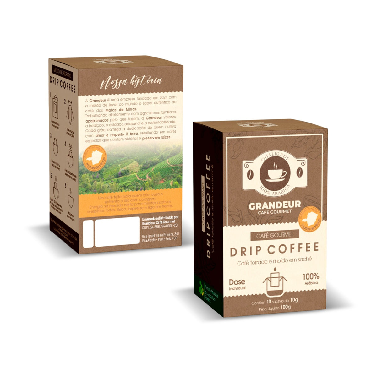 Cafe em sache Drip Coffee Grandeur Torra Escura100% Arabica Moagem fina Notas Sensorias Amadeiradas Matas de Minas