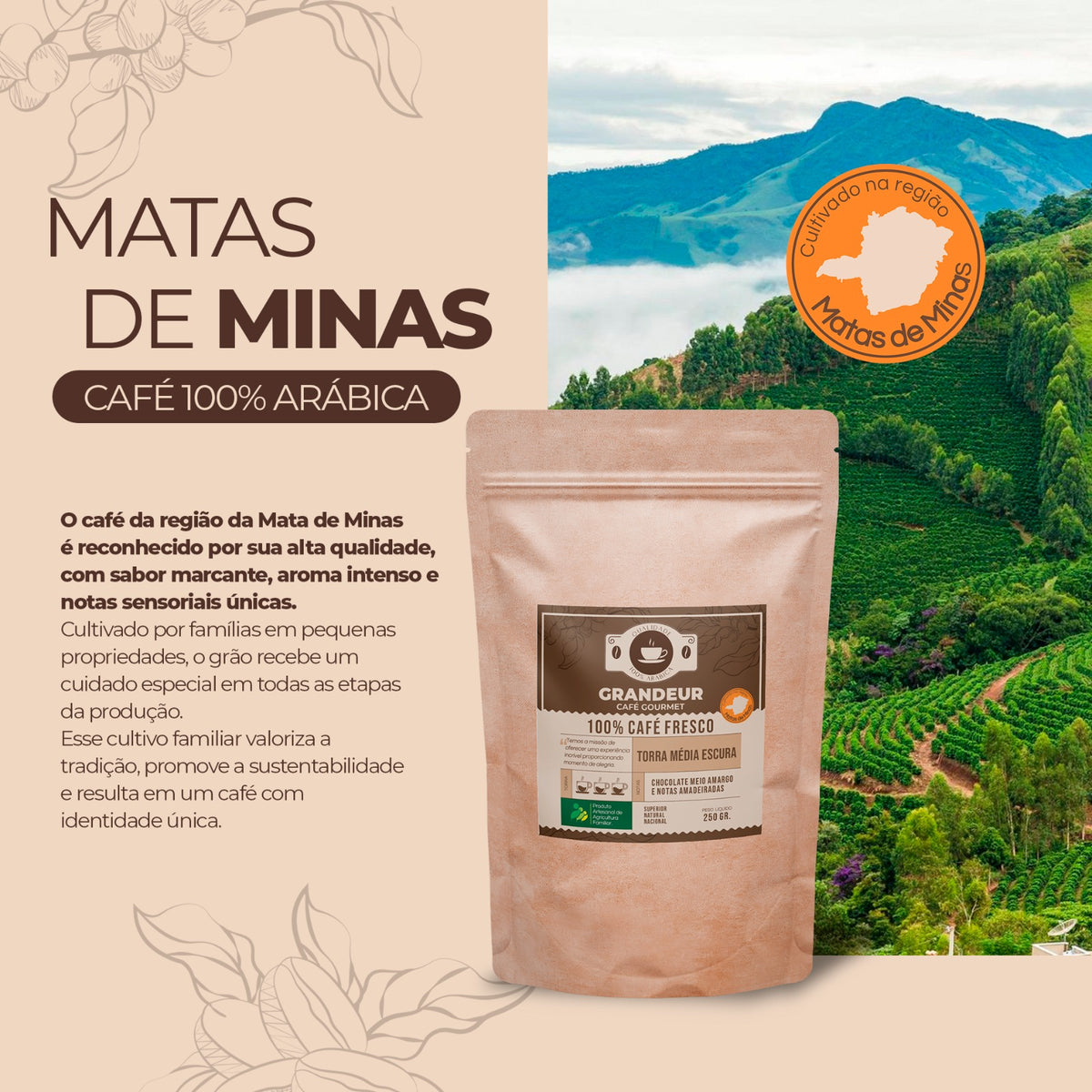 Grandeur Café Gourmet Torra Média Escura 100% Arábica 250g Região Matas de Minas Notas Sensoriais Chocolate Meio Amargo