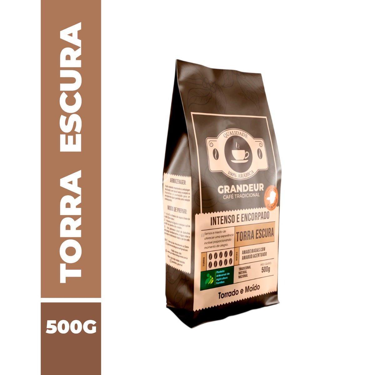 Café Tradicional Torra Escura 100% Arabica 500g Notas Sensoriais Amadeiradas Torrado e Moído Granulometria Fina Grandeur