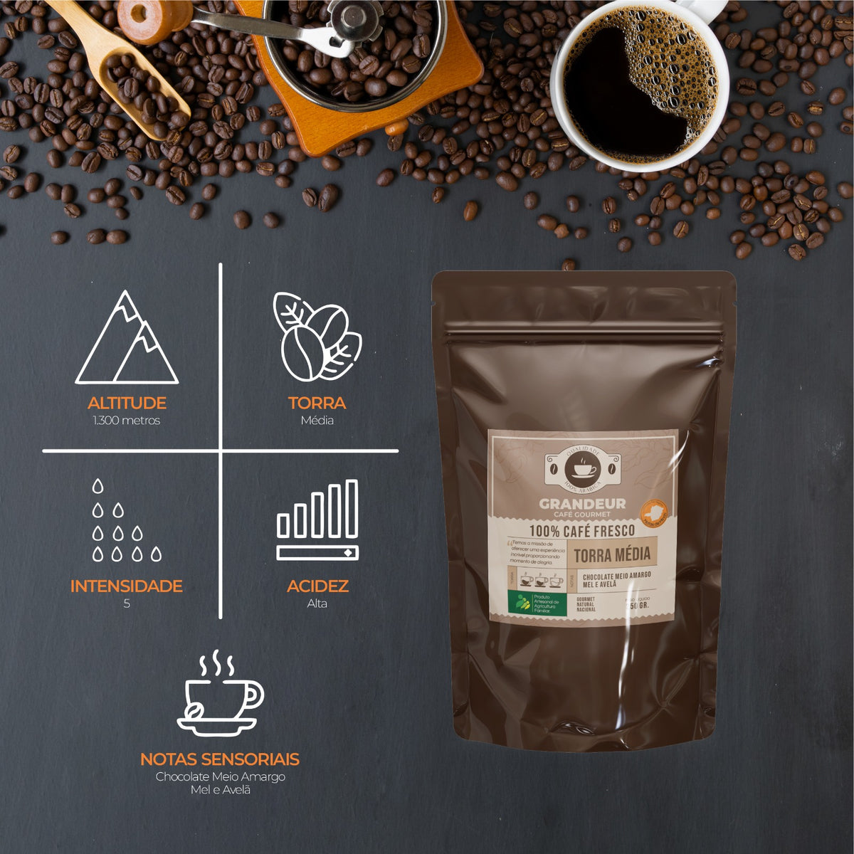 Grandeur Café Gourmet Torra Média 100% Arábica 250g Região Matas de Minas Notas Sensoriais Chocolate Mel Avelã