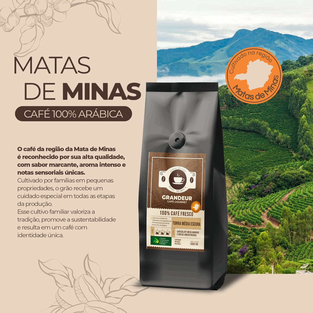 Grandeur Cafe Gourmet Torra Media Escura100%Arabica Matas de Minas1kg Notas Sensoriais Chocolate Meio Amargo Amadeiradas