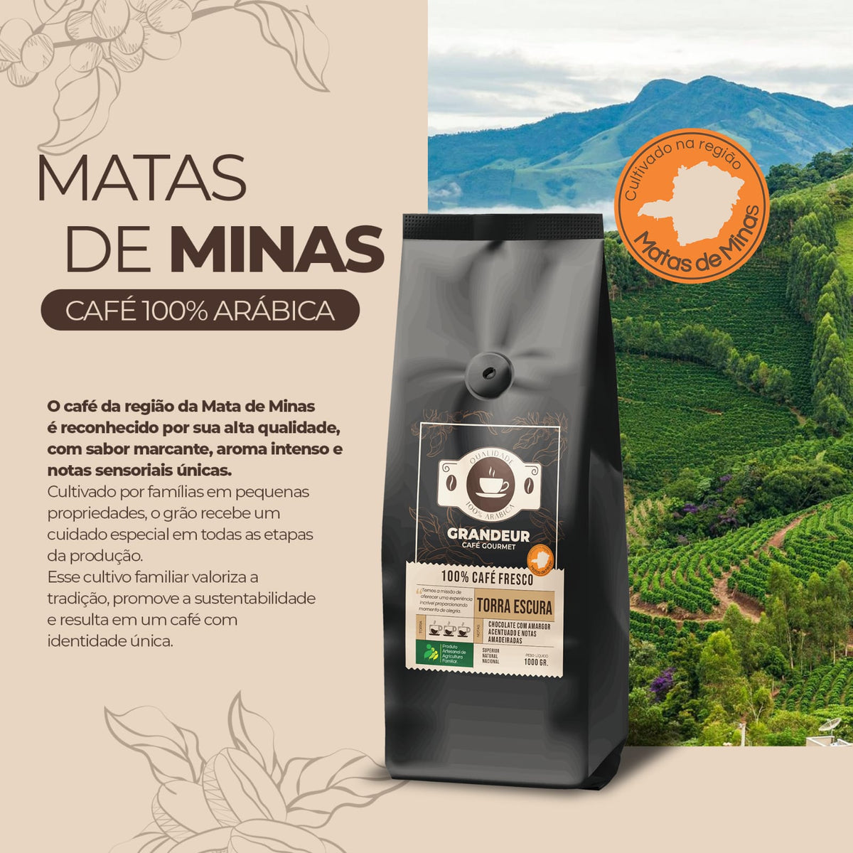 Grandeur Café Gourmet Torra Escura 100%Arábica 1kg Notas Chocolate Amargo Amareirado Matas de Minas Agricultura familiar