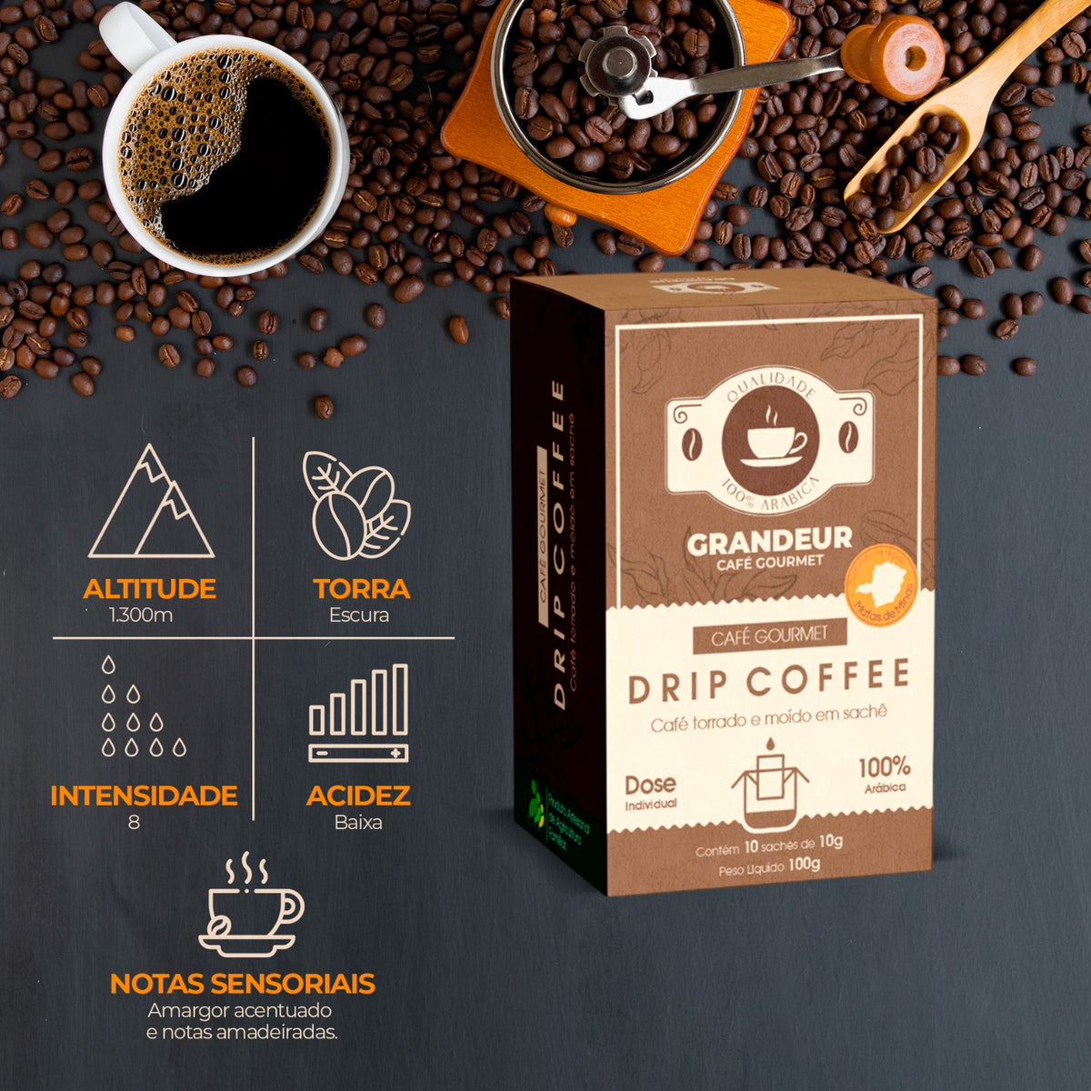 Cafe em sache Drip Coffee Grandeur Torra Escura100% Arabica Moagem fina Notas Sensorias Amadeiradas Matas de Minas