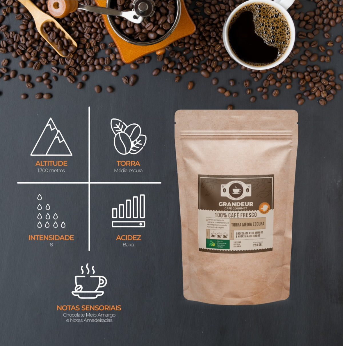 Grandeur Café Gourmet Torra Média Escura 100% Arábica 250g Região Matas de Minas Notas Sensoriais Chocolate Meio Amargo