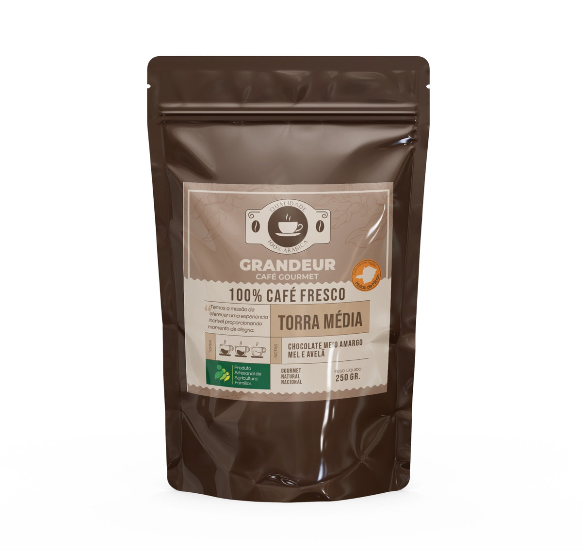 Grandeur Café Gourmet Torra Média 100% Arábica 250g Região Matas de Minas Notas Sensoriais Chocolate Mel Avelã