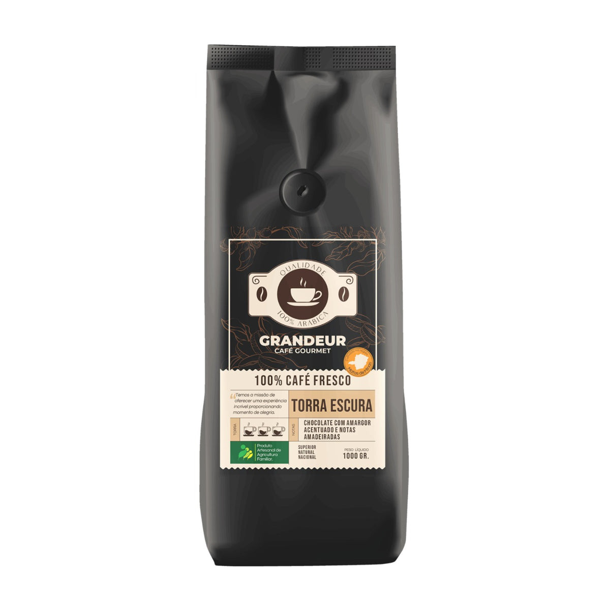 Grandeur Café Gourmet Torra Escura 100%Arábica 1kg Notas Chocolate Amargo Amareirado Matas de Minas Agricultura familiar