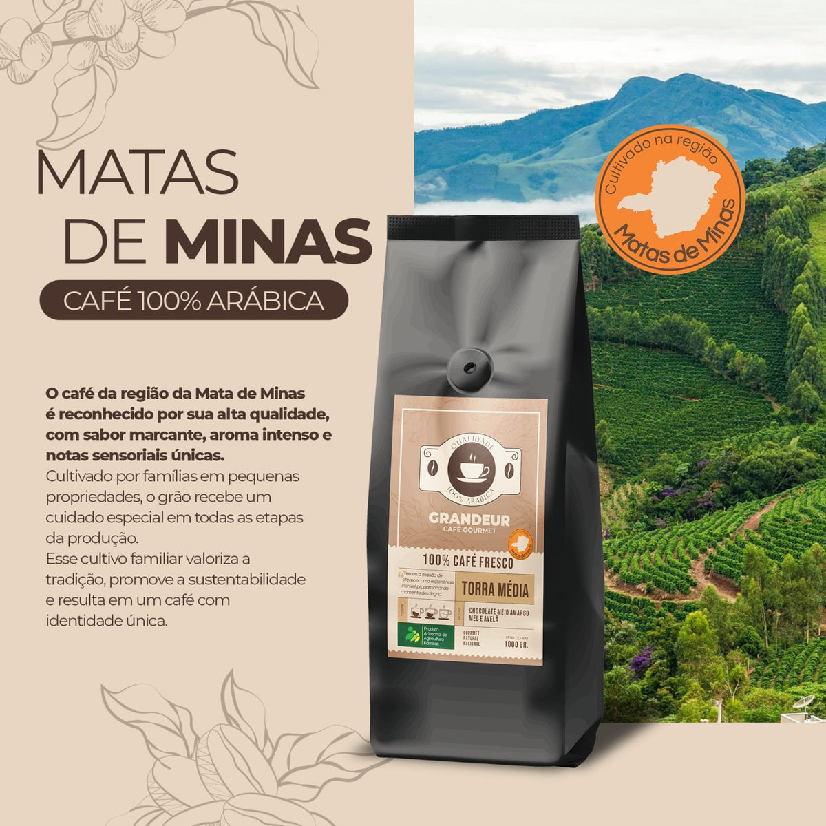 Grandeur Cafe Gourmet 100% Arabica Torra Media Matas de Minas 1kg Notas de Chocolate Mel Avela Agricultura familiar