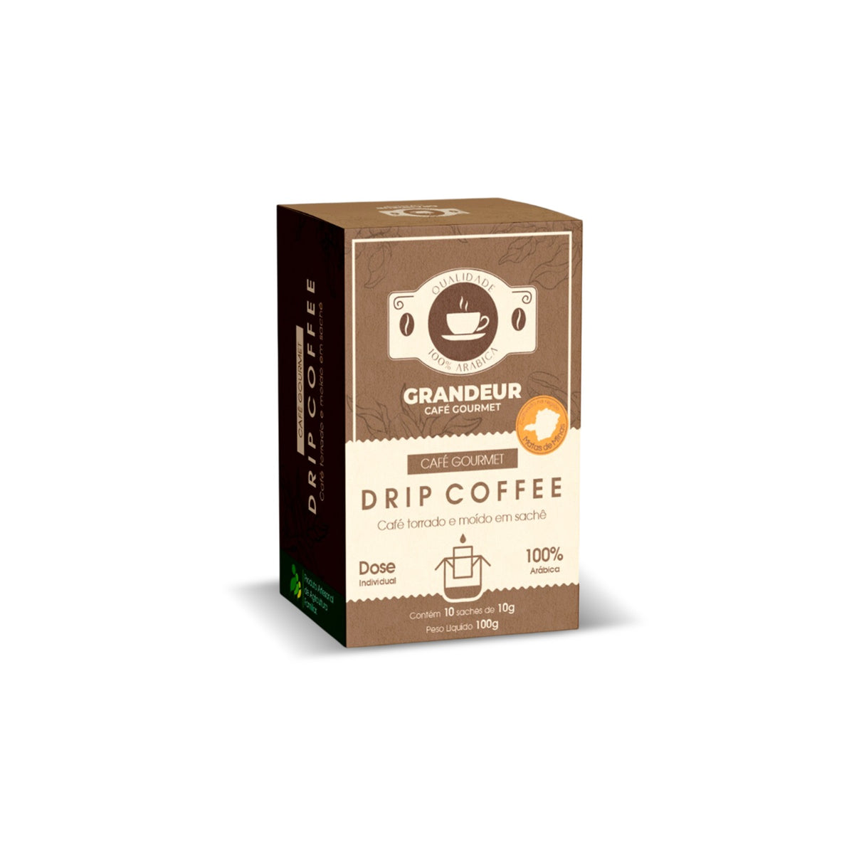 Cafe em sache Drip Coffee Grandeur Torra Escura100% Arabica Moagem fina Notas Sensorias Amadeiradas Matas de Minas