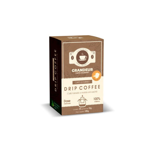 Cafe em sache Drip Coffee Grandeur Torra Escura100% Arabica Moagem fina Notas Sensorias Amadeiradas Matas de Minas