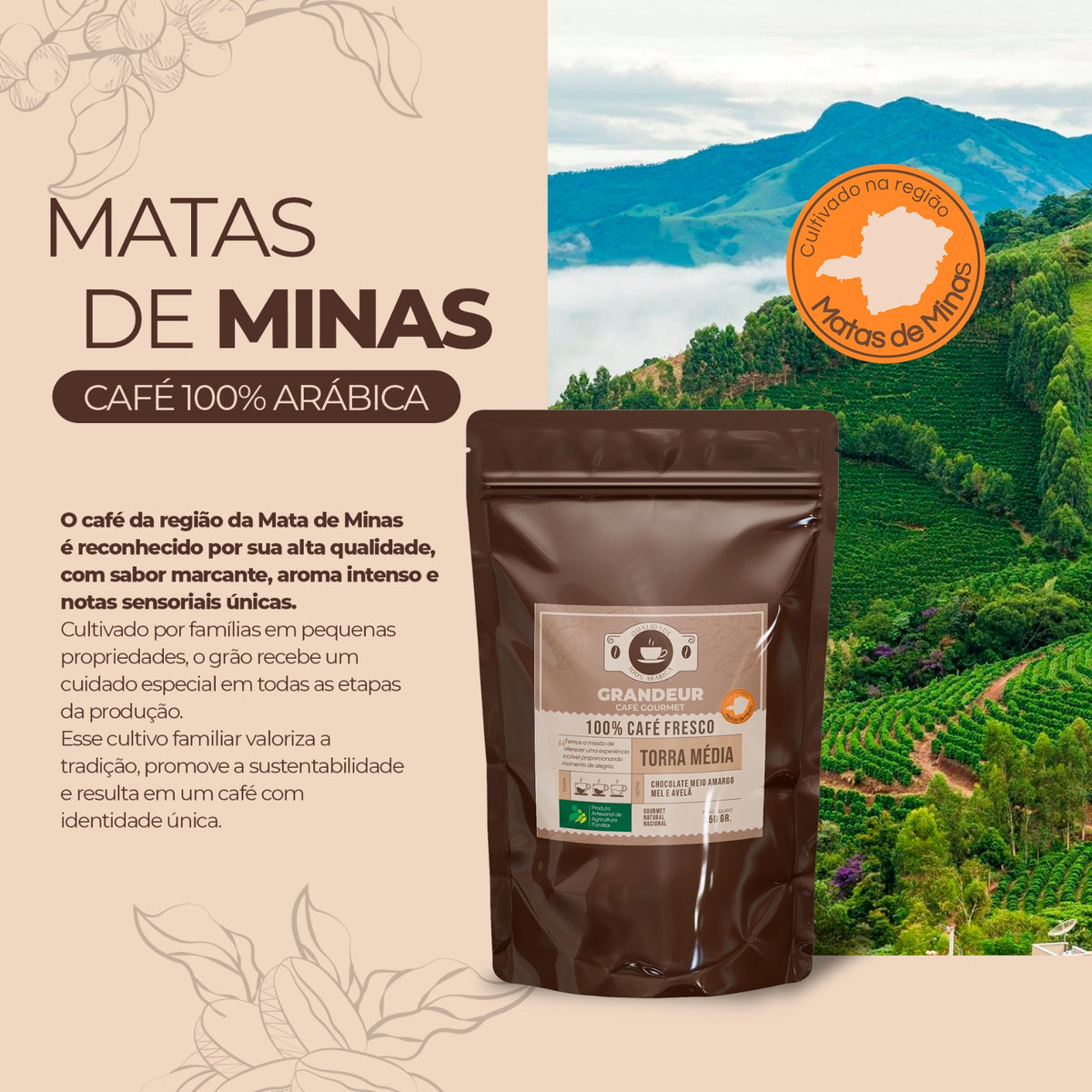 Grandeur Café Gourmet Torra Média 100% Arábica 250g Região Matas de Minas Notas Sensoriais Chocolate Mel Avelã