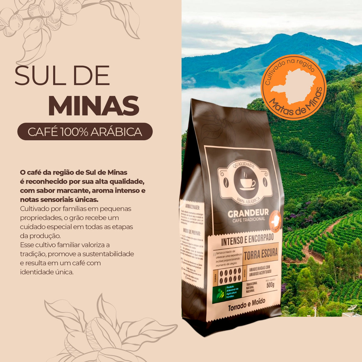 Café Tradicional Torra Escura 100% Arabica 500g Notas Sensoriais Amadeiradas Torrado e Moído Granulometria Fina Grandeur