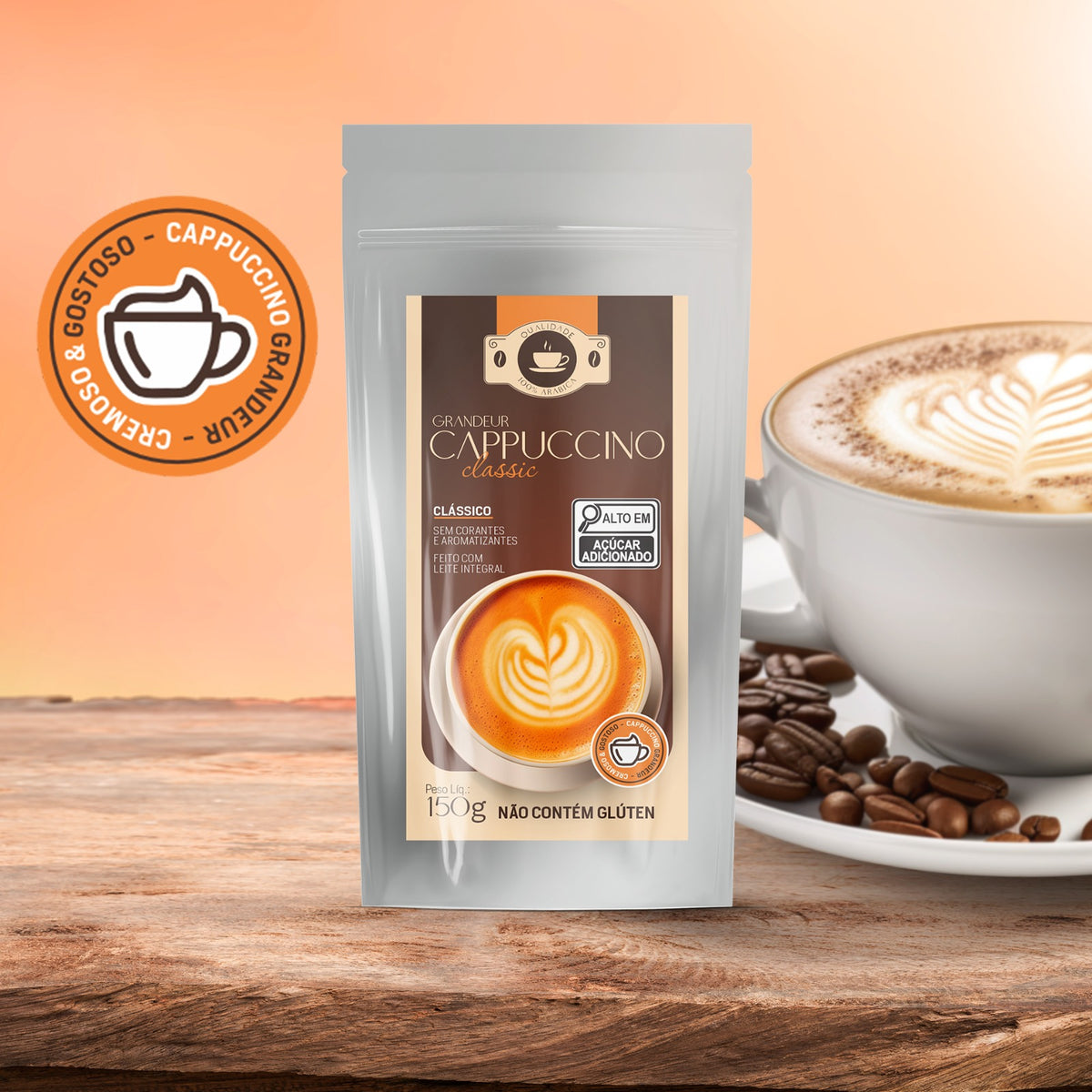 Capuccino Grandeur Cafe Gourmet Sabor Classico e Tradicional 150g Receita Cremosa Facil de Preparar