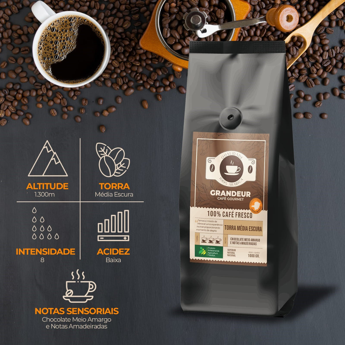 Grandeur Cafe Gourmet Torra Media Escura100%Arabica Matas de Minas1kg Notas Sensoriais Chocolate Meio Amargo Amadeiradas