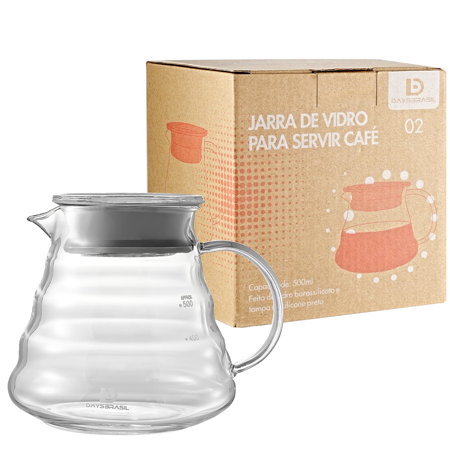 Kit  com jarra de vidro 500 ml, suporte e Filtro  compatível com V60 tamanho 02 DaysBrasil