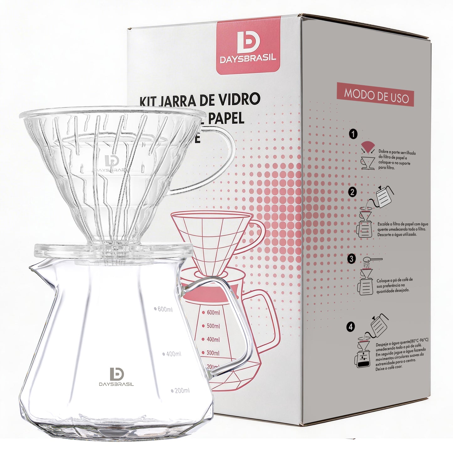 Kit com jarra de vidro forma Diamante 600 ml, suporte e Filtro compatível com V60 tamanho 02 DaysBrasil