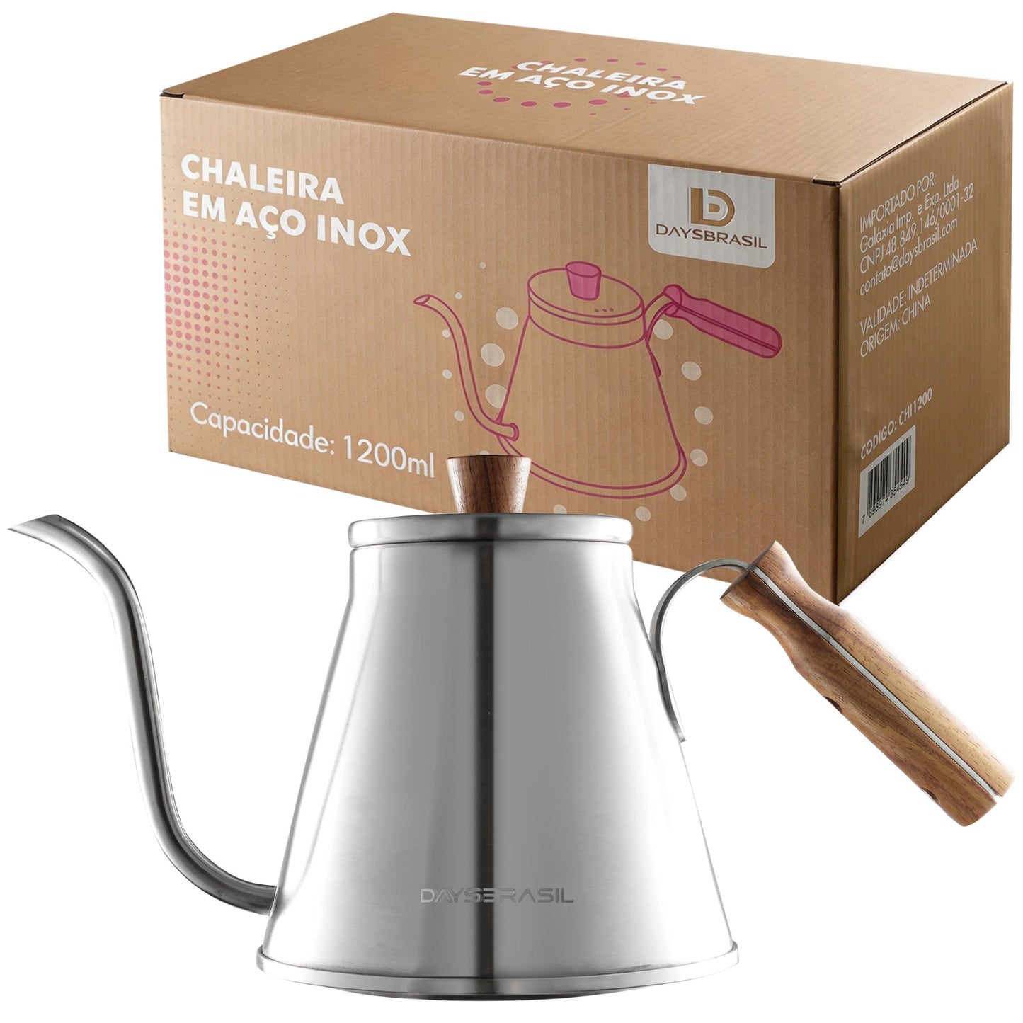 Chaleira Bico de Ganso em Aço Inox polido 1200ml
