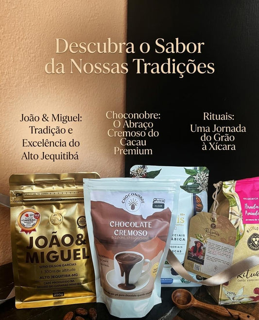 Kit 2 cafés especiais 250g cada e 1 mistura para chocolate cremoso Choconobre 200g Sítio Gilson Garcia