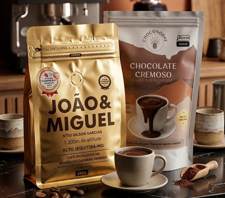 Kit 1 Café especial João e Miguel 250g e 1 mistura para chocolate cremoso Choconobre 200g Sítio Gilson Garcia