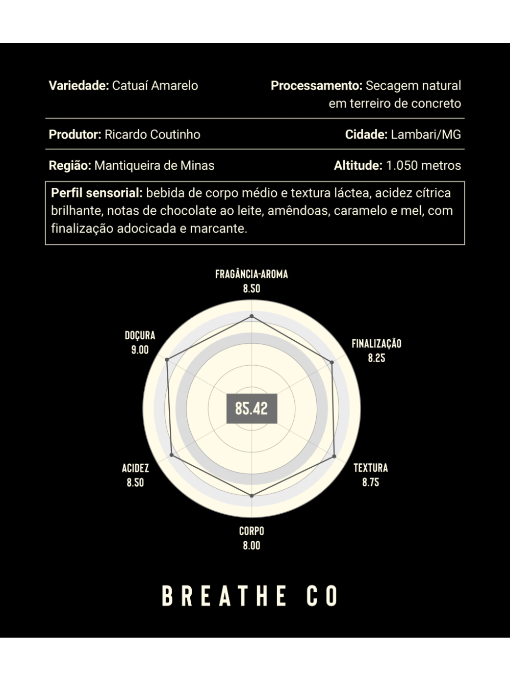 Café Especial Microlote Catuaí Amarelo Breathe Co Chocolate Mel e Caramelo 85 Pontos Sítio Nova Baden 250g