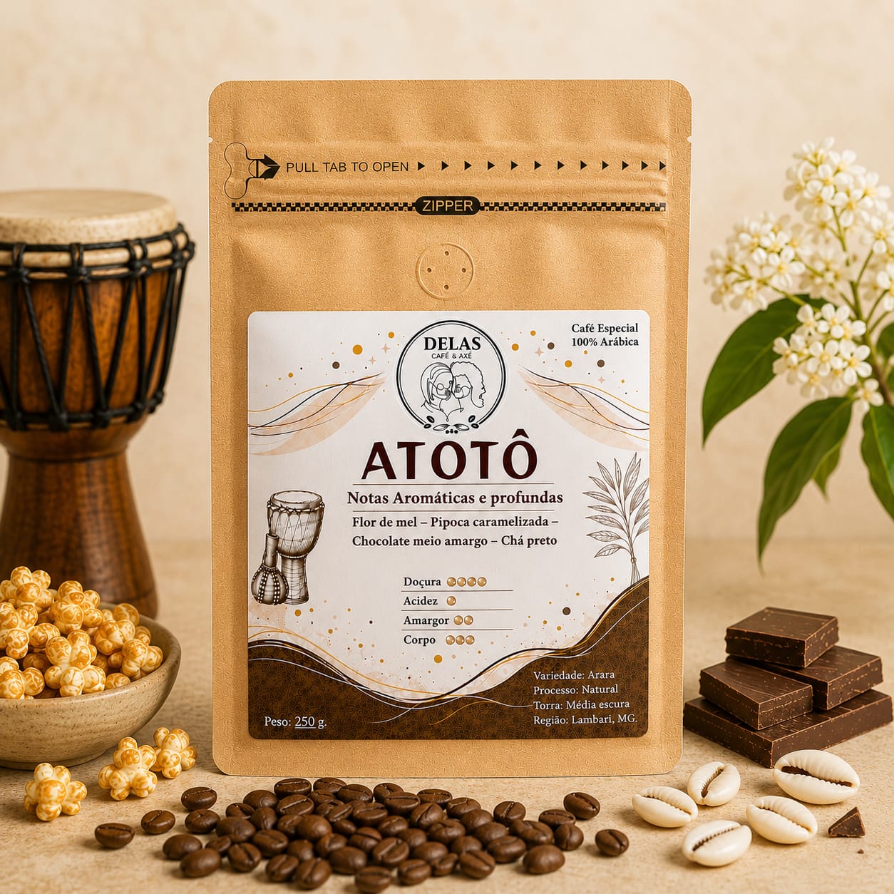 Café Especial ATOTÔ 250g GRÃOS Delas Café e Axé