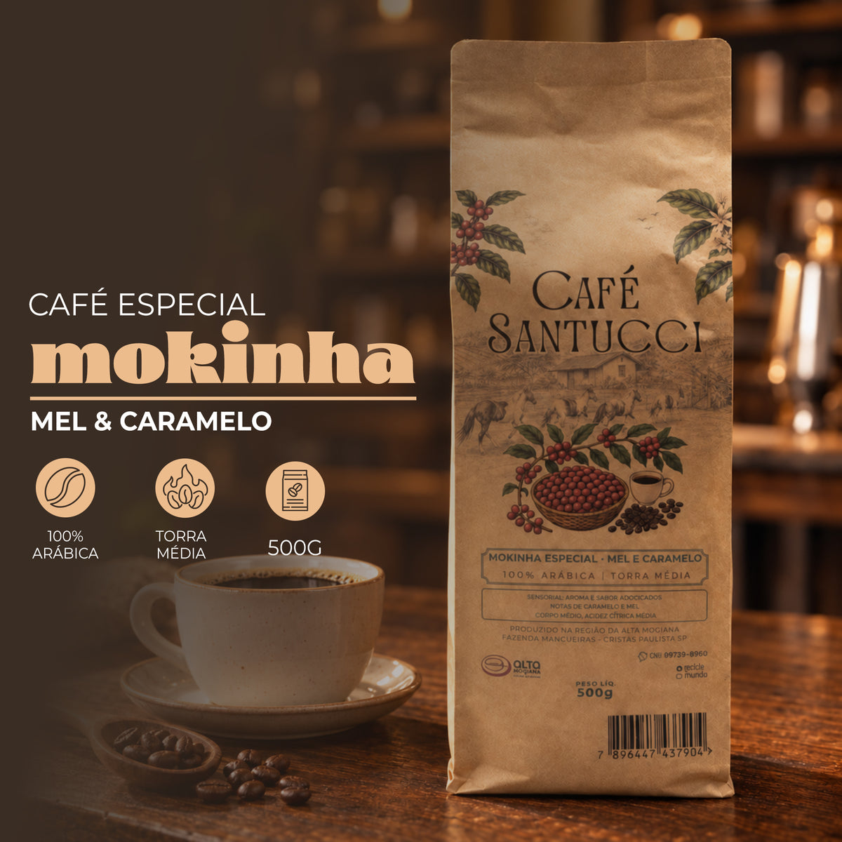 Café moca mokinha especial artesanal torra média mel e caramelo100% arábica alta mogiana grão e moído Café Santucci