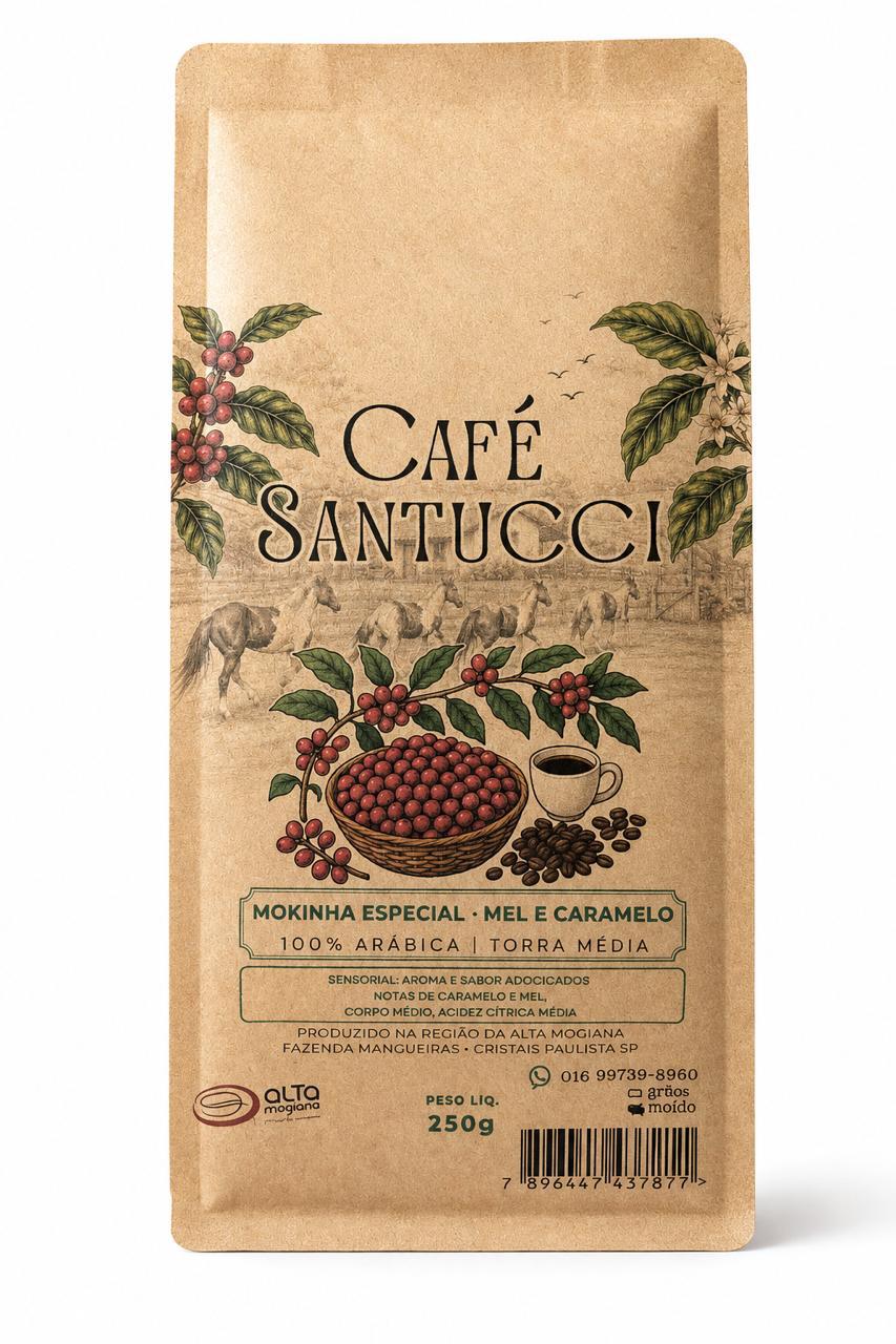Café moca mokinha especial artesanal torra média mel e caramelo100% arábica alta mogiana grão e moído Café Santucci