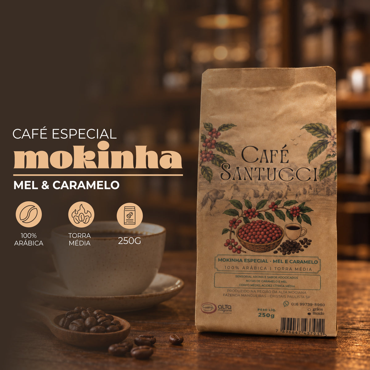 Café moca mokinha especial artesanal torra média mel e caramelo100% arábica alta mogiana grão e moído Café Santucci