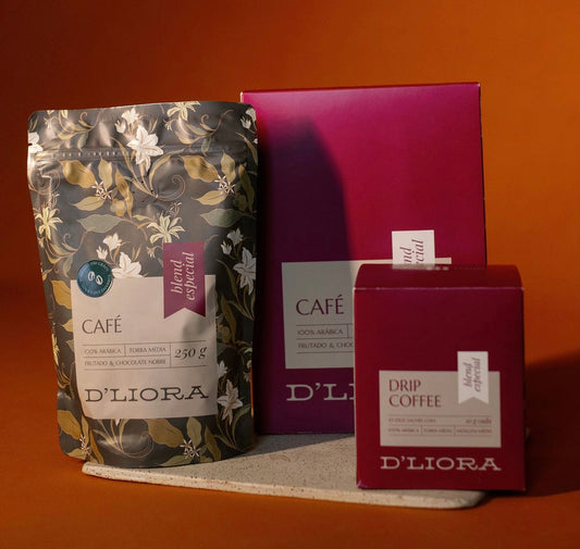 Kit 1 café em grão 250g, 1 caixa de drip coffee e 1 caixa linha origem blend especial D'Liora Cafés