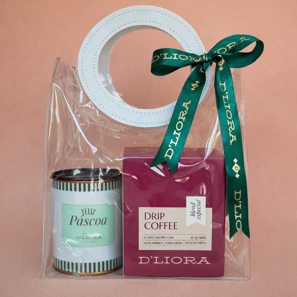 Kit Essencial composto por 1 sacola, 1 caixa de drip coffee e 1 lata chocolate 80g D'Liora Cafés