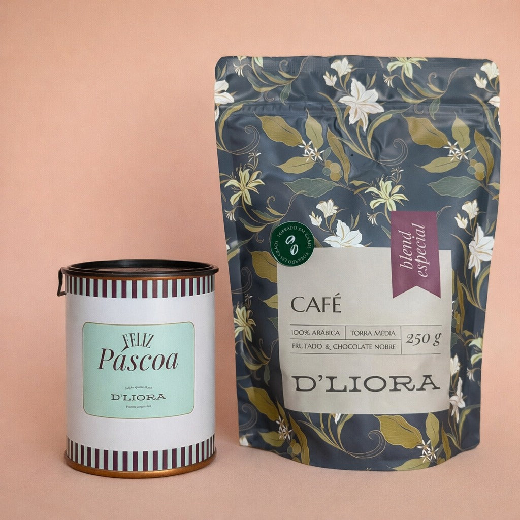Kit Ritual 1 café em grãos 250g, 1 lata de chocolate D’Liora 80g e 1 caixa presenteável D'Liora Cafés