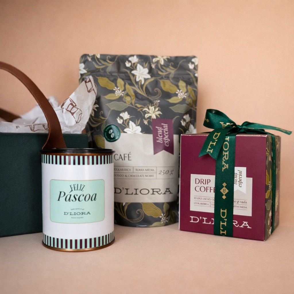 Kit Surpreender 1 café em grãos 250g, 1 caixa de drip coffee, 1 lata chocolate 80g e 1 caixa presenteável D'Liora Cafés